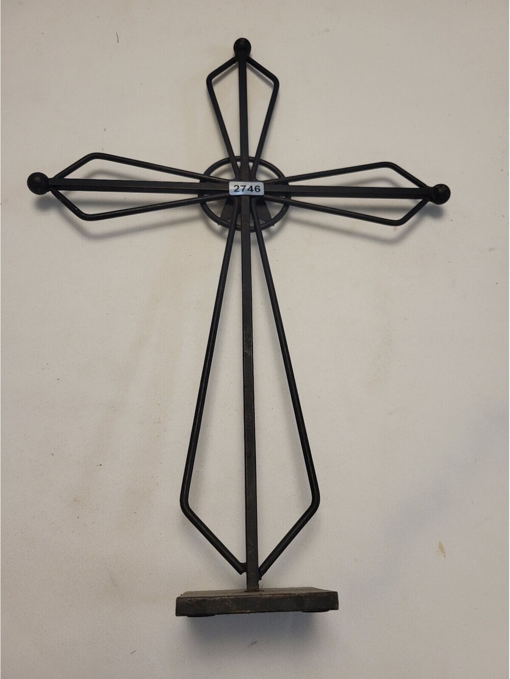 Decorative Black Metal 13.5x9.5" Cross Sculpture w Wooden Base